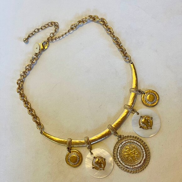 Chico's Set Necklace Bracelet Coin Pendant Gold Tone Metal Mother Of Pearl Stone - Picture 3 of 15